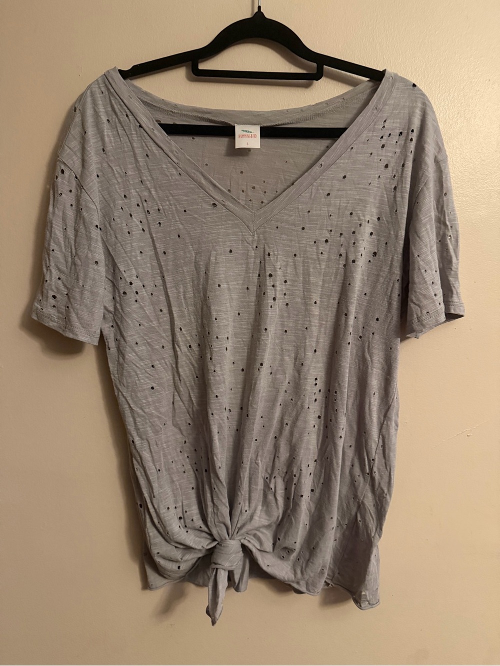 Hummingbird Light Gray Distressed V-Neck Tie-Front Short Sleeve Tee